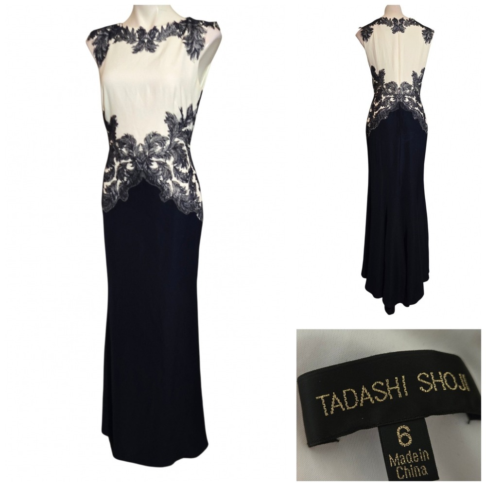 Tadashi Shoji Navy Cream Lace Embroidered Sleeveless Formal Gown Dress Size 6